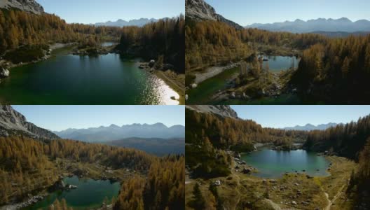 鸟瞰图的山，湖和树木高清在线视频素材下载