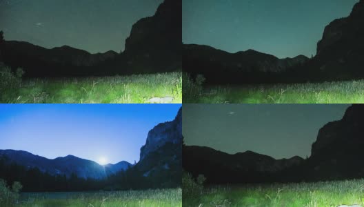 星星在夜空越过高山草地到日出高清在线视频素材下载