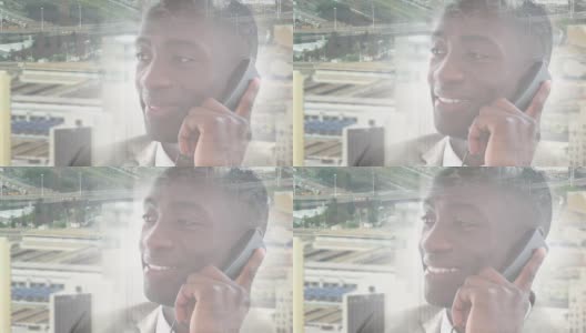 快乐的非洲裔美国人在城市景观中使用智能手机的动画高清在线视频素材下载