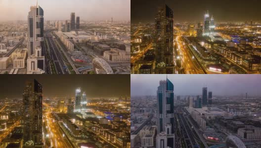 阿联酋迪拜高速公路枢纽的鸟瞰图，日落时交通时间流逝。迪拜市中心著名的谢赫·扎耶德路。从屋顶观看交通和驾驶概念。高清在线视频素材下载