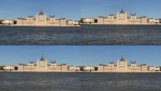 布达佩斯夏日星期六，蓝天碧水旁的匈牙利国会大厦高清在线视频素材下载