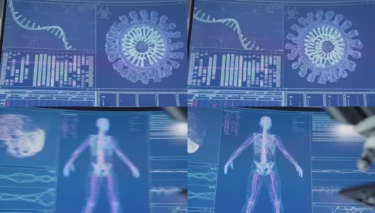 电脑屏幕上的冠状病毒和DNA模型。研究DNA损伤高清在线视频素材下载