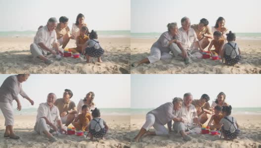 夏日的沙滩上，几代人在一起玩耍高清在线视频素材下载