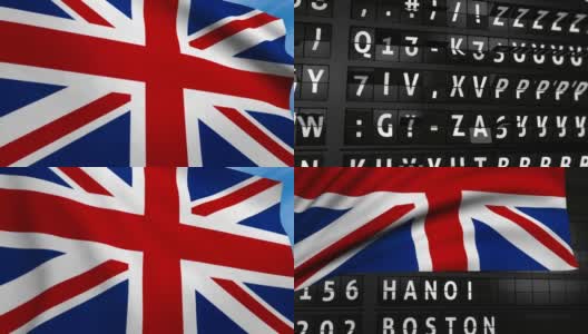 英国国旗飘扬，机场公告牌也在上面高清在线视频素材下载