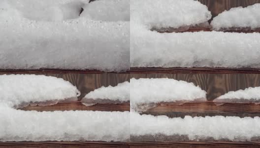 在木制背景上融化的雪的观点。软的焦点。高清在线视频素材下载