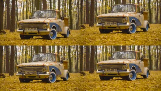 复古的莫斯科车与木制定制行李箱在秋天的森林高清在线视频素材下载