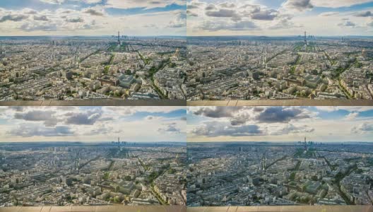 巴黎鸟瞰图，云朵在天空中飞翔，繁忙的街道交通，延时高清在线视频素材下载