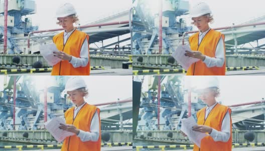 工业环境中戴安全帽和穿安全背心的妇女高清在线视频素材下载