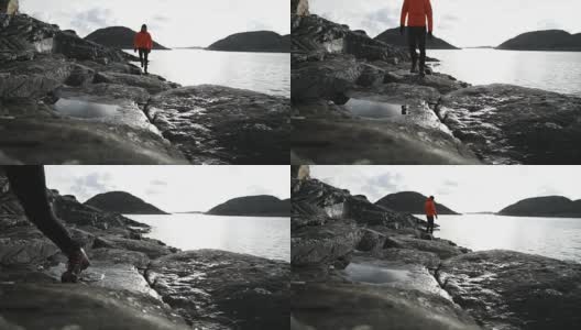 挪威海边的Man mountain徒步旅行高清在线视频素材下载