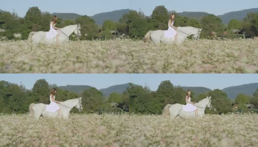 慢镜头:笑容可掬的白衣少女骑着白马在盛开的田野里高清在线视频素材下载