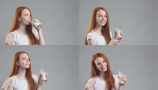 漂亮的红发女孩喝着玻璃杯里的牛奶高清在线视频素材下载