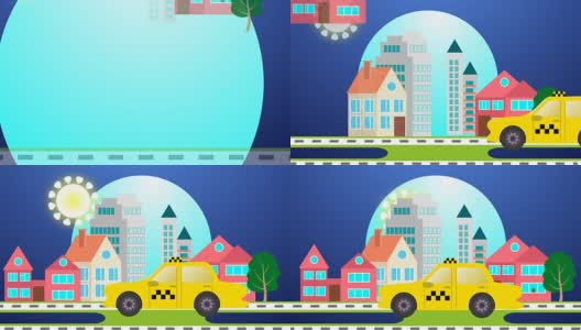黄色出租车在城市的道路景观背景。的士服务平面插图视频概念与复制空间为您的文本在空白屏幕开始和结束。高清在线视频素材下载
