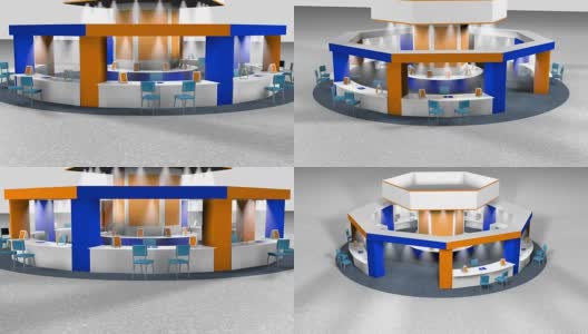 在一个八角形的集市上销售的亭子的3D动画，在圆形地毯上为顾客和卖主提供椅子。站在白色背景的白色，蓝色和橙色的颜色高清在线视频素材下载