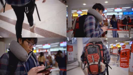 背包客拿着智能手机走向机场值机柜台高清在线视频素材下载