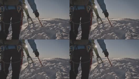 冬天，人们在山脊上行走高清在线视频素材下载