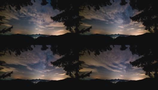 美丽的森林景观星空与银河和云移动阿尔卑斯山山脉自然时光流逝高清在线视频素材下载
