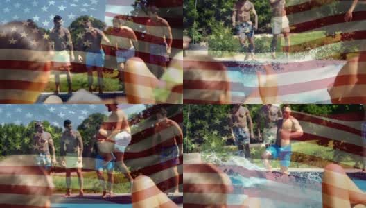 一群人在游泳池里跳来跳去，还有一面美国国旗。高清在线视频素材下载