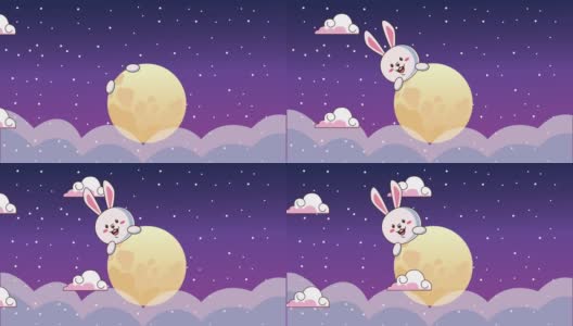中秋动画与兔子和满月在云高清在线视频素材下载