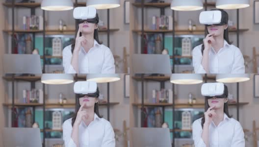亚洲女性在虚拟现实头盔(VR Gear)思考商业想法的慢动作高清在线视频素材下载