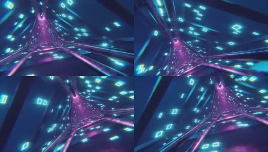 赛博朋克风格，复古，未来主义80年代的设计，3D 4k数字动画，飞行通过发光旋转霓虹三角形创建一个隧道，蓝色红粉色光谱，荧光紫外线，现代彩色照明，可循环4k动画高清在线视频素材下载