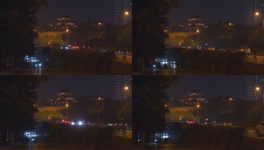 夜间长沙市区交通街道古塔建筑山顶全景4k中国高清在线视频素材下载