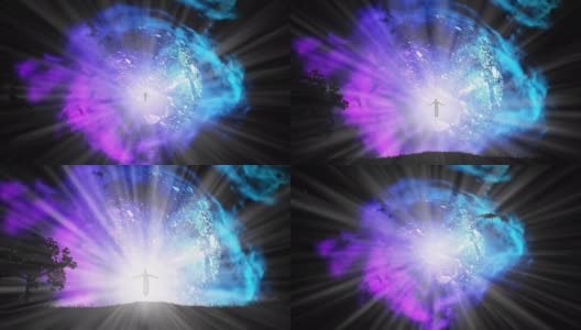 4k延时动画，一个人的剪影在星云中一颗行星发出的明亮光线中飞行，降落到地面。高清在线视频素材下载