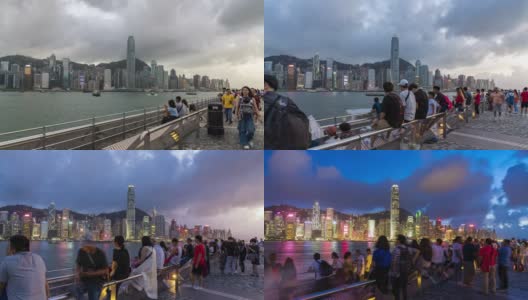 4K超高清摄影:从早到晚欣赏香港的天际线，游客在海港欣赏城市。高清在线视频素材下载