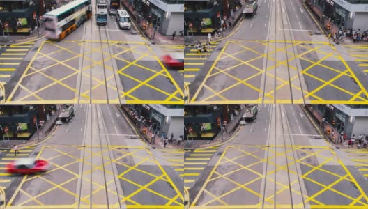 4K时间镜头，一群交通车辆和行人正穿过香港中区黄色人行横道高清在线视频素材下载