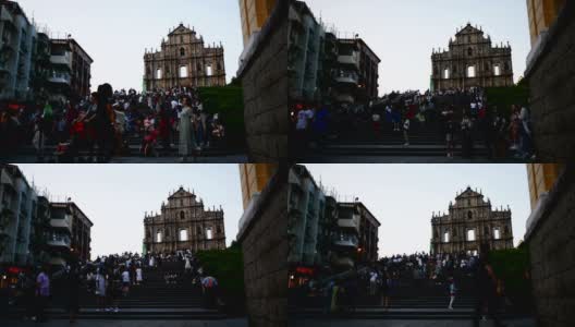 中国澳门，圣保罗大教堂废墟上拥挤的行人高清在线视频素材下载