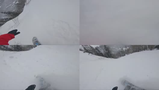 野外滑雪板个人视角骑粉雪下山高清在线视频素材下载