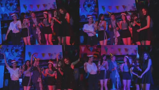 朋友们在聚会上跳舞，用慢镜头扔五彩纸屑高清在线视频素材下载