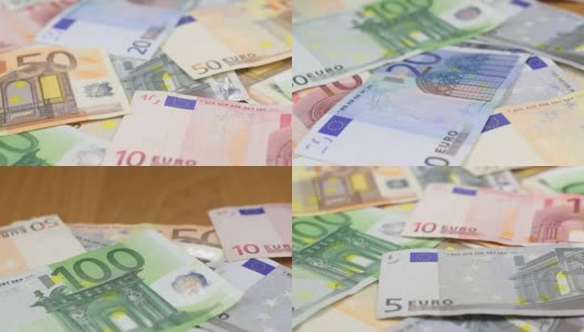 近距离拍摄散落的欧洲纸币。多莉。高清在线视频素材下载