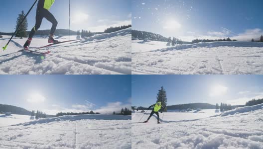 越野滑雪者在山上滑冰高清在线视频素材下载