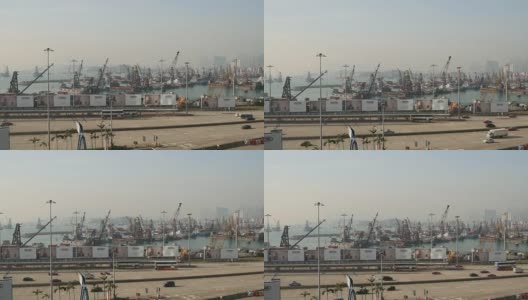 夕阳下的香港城湾建设工业码头全景4k中国高清在线视频素材下载