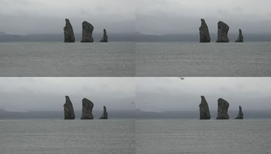 堪察加半岛海景:太平洋上岩石嶙峋的岛屿，风景如画高清在线视频素材下载