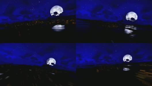 在满月的夜晚城市上空飞行高清在线视频素材下载