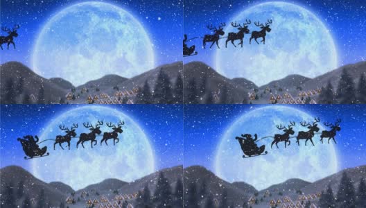 动画的黑色剪影的圣诞老人在雪橇被拉着驯鹿与雪花降落高清在线视频素材下载