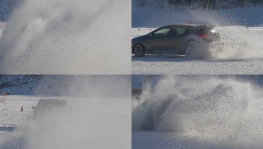 慢动作:一辆汽车粉碎雪的电影镜头，因为它沿着滑雪斜坡。高清在线视频素材下载