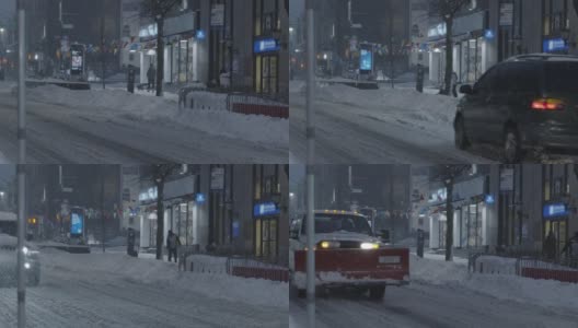 暴风雪纽约冬季街道夜晚郊区阿斯托里亚高清在线视频素材下载