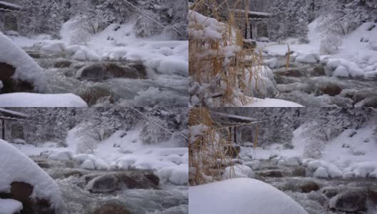 一条清澈的山河从积雪的峡谷中流过高清在线视频素材下载