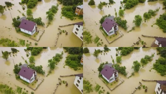被洪水淹没的房子和脏水的鸟瞰图。高清在线视频素材下载