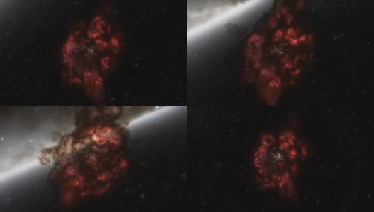 以光速穿越太空中红色星云的宇宙飞船。三维动画高清在线视频素材下载