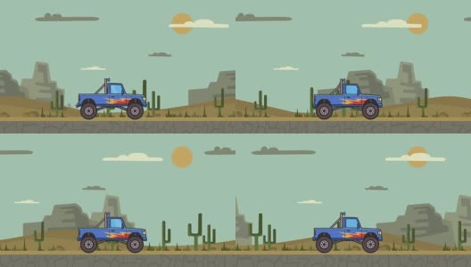 动画大轮怪物卡车通过峡谷沙漠。在沙漠山区移动大脚卡车。平面动画。高清在线视频素材下载