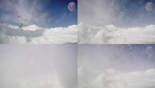 一名滑雪者在蓝天上有月亮的情况下从雪坡上滑下来的有力而充满活力的动态镜头。先是实时速度视频，然后减速来展示猛烈的雪暴。高清在线视频素材下载