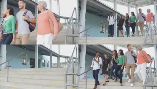 倾斜拍摄的一组教师走下学校的台阶高清在线视频素材下载