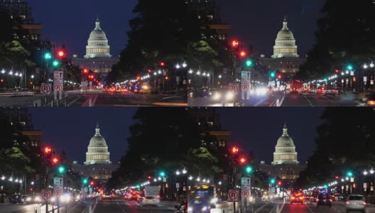 宾夕法尼亚大道交通和国会大厦圆顶的夜景高清在线视频素材下载