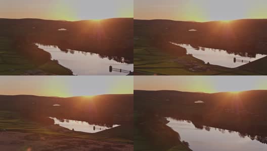 下Laiithe水库和斯坦伯里，西约克郡日落-无人机拍摄高清在线视频素材下载