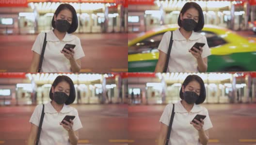 亚洲女性在等出租车时使用智能手机高清在线视频素材下载