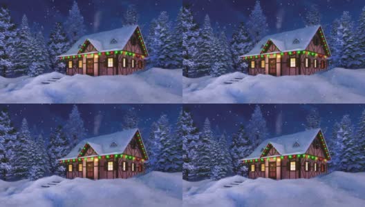 乡村的房子装饰圣诞节在下雪的冬夜高清在线视频素材下载