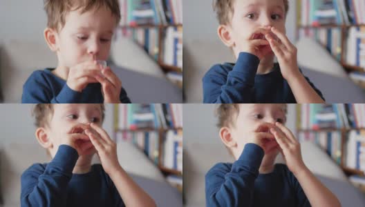 生病的男孩喝糖浆，药，药高清在线视频素材下载